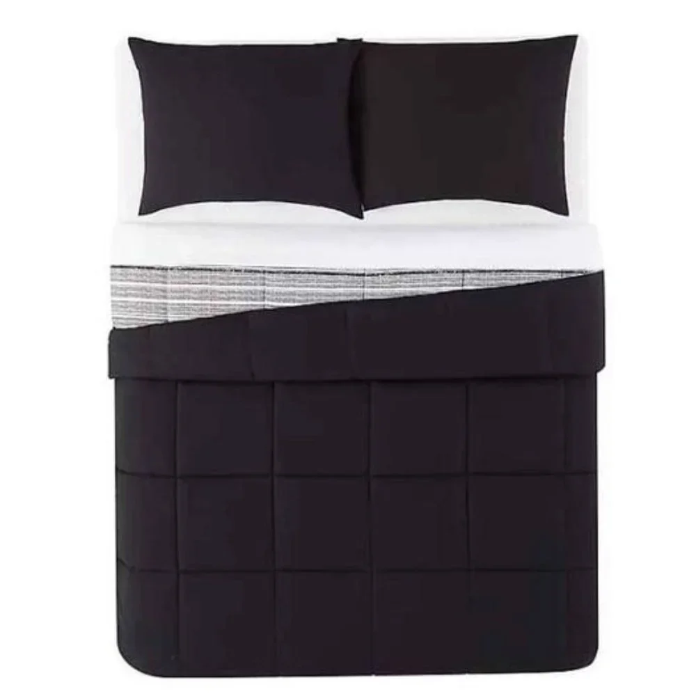 Reversible 2-Piece Stripe Twin Comforter Set in Black/White
